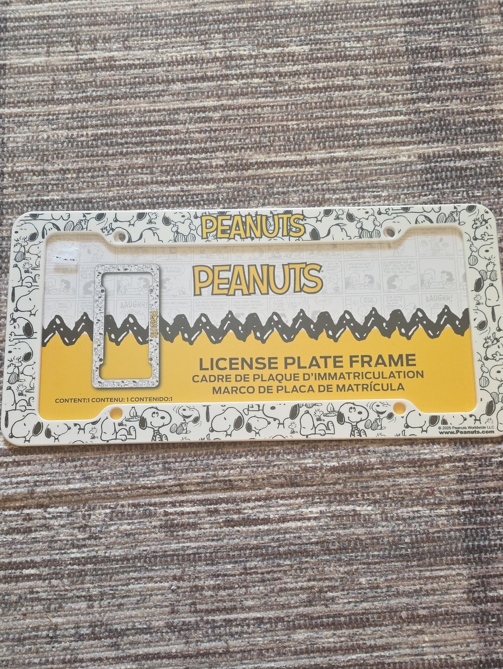 New Peanuts Yellow and White License Plate Frame with Comic Strip Design
